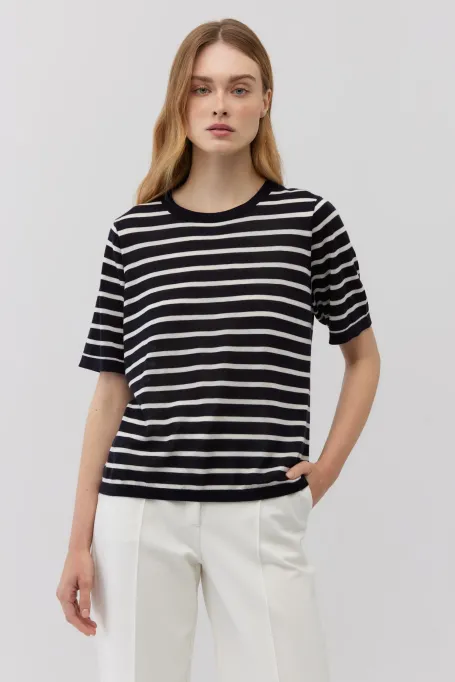 T-shirt w paski z lyocellu i kaszmiru granatowy